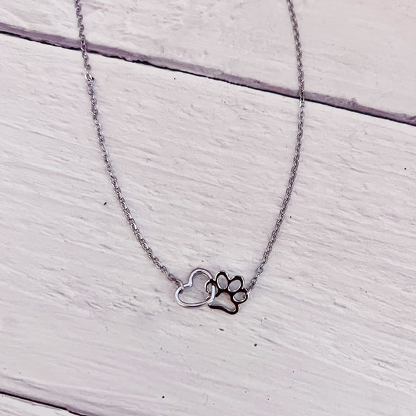 Linked Paw Heart Necklace Silver Tone