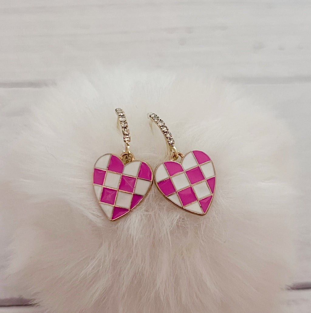 Pink Checker Heart Huggie Hoops