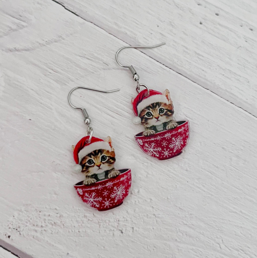 Christmas Kitty Cup Earrings