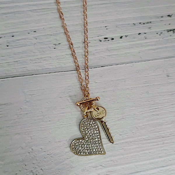 Rhinestone Heart and Key Toggle Necklace