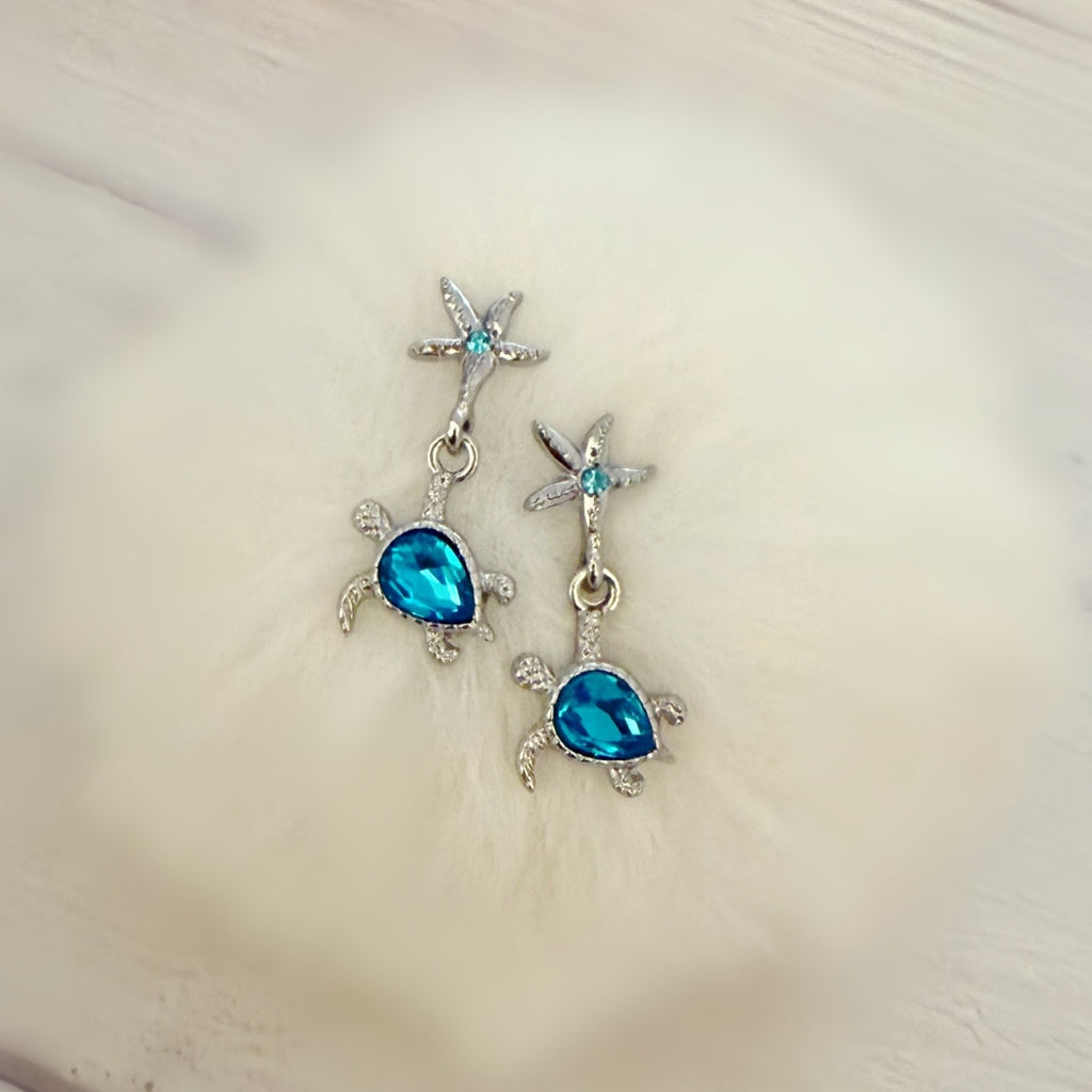 Aqua Starfish and Turtle Dangle Earrings