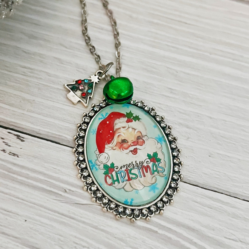 Santa Merry Christmas Necklace Green Bell