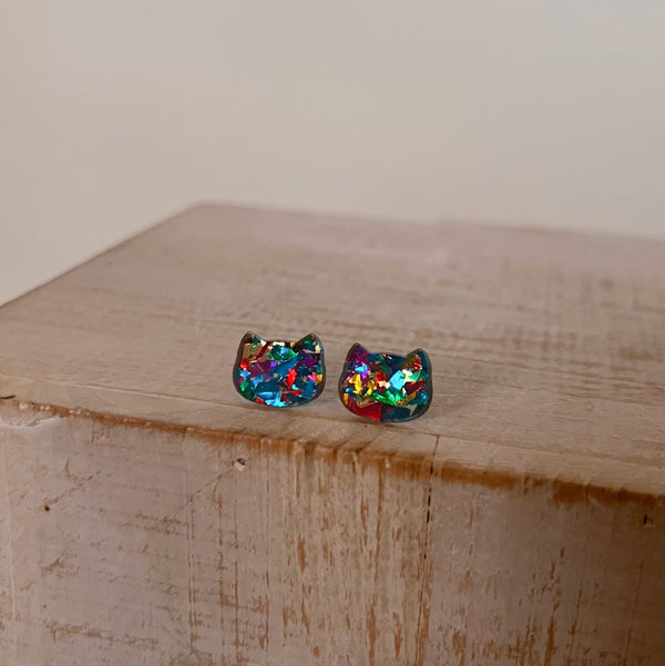 Multi Color Chunky Glitter Cat Earrings