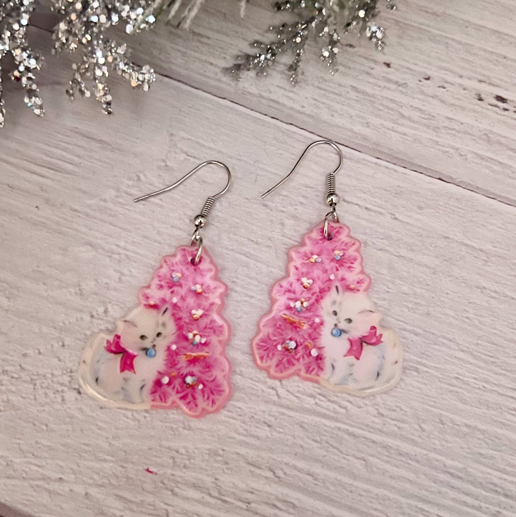 Pink Christmas Tree Cat Earrings