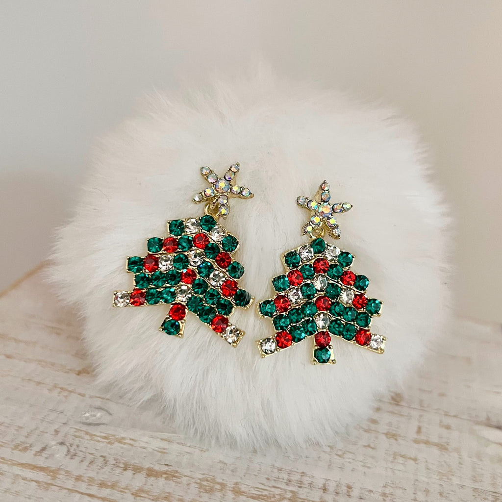 Red and Green Rhinestone Tree Earrings