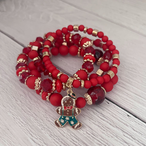 Gingerbread Man Charm Red Bracelet Set