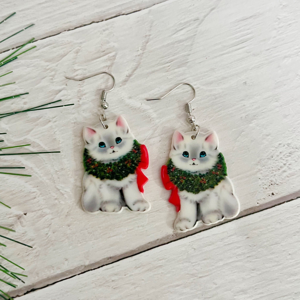 Christmas Cat Earrings- White Cat Color