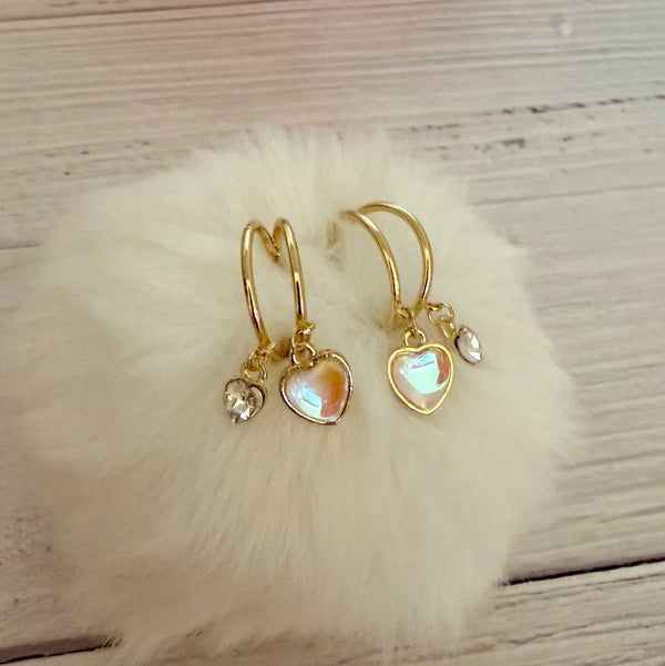 Double Hoop Earrings with Heart Charms- Iridescent