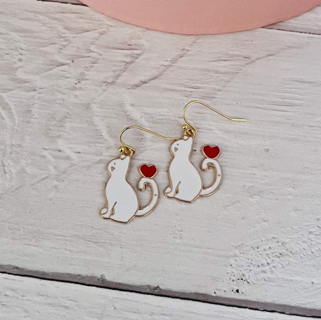 White Heart Cat Enamel Earrings