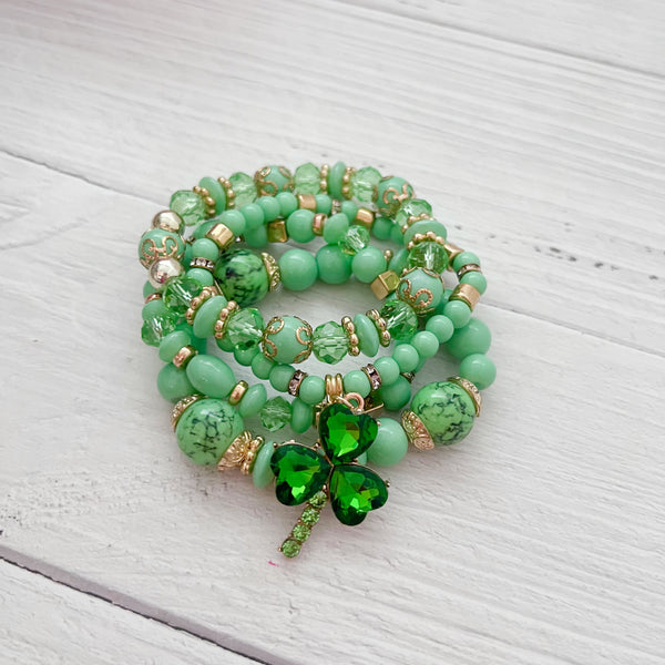 Macaron Mint Rhinestone Shamrock Bracelet Set