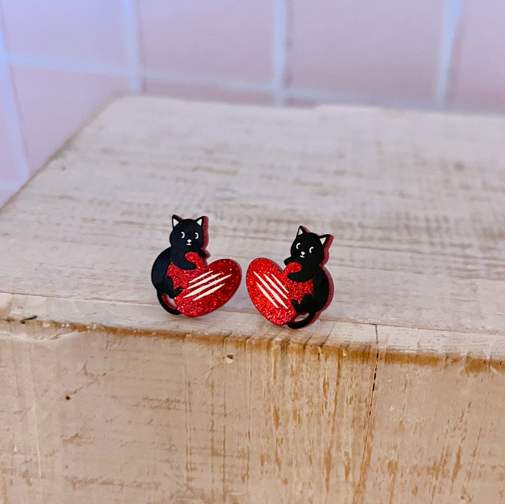 Glitter Cat Heart Earrings