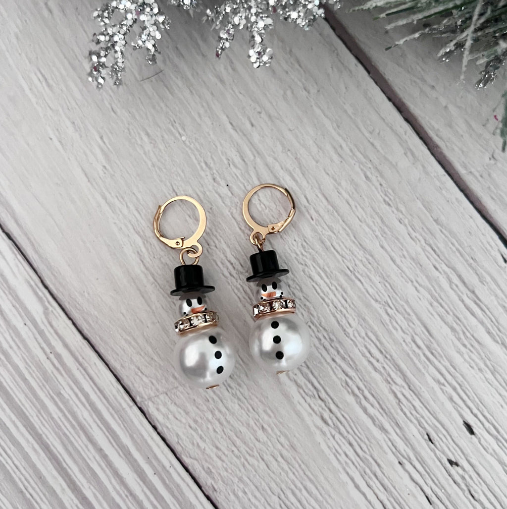 Pearl Snowman Huggie Hoops