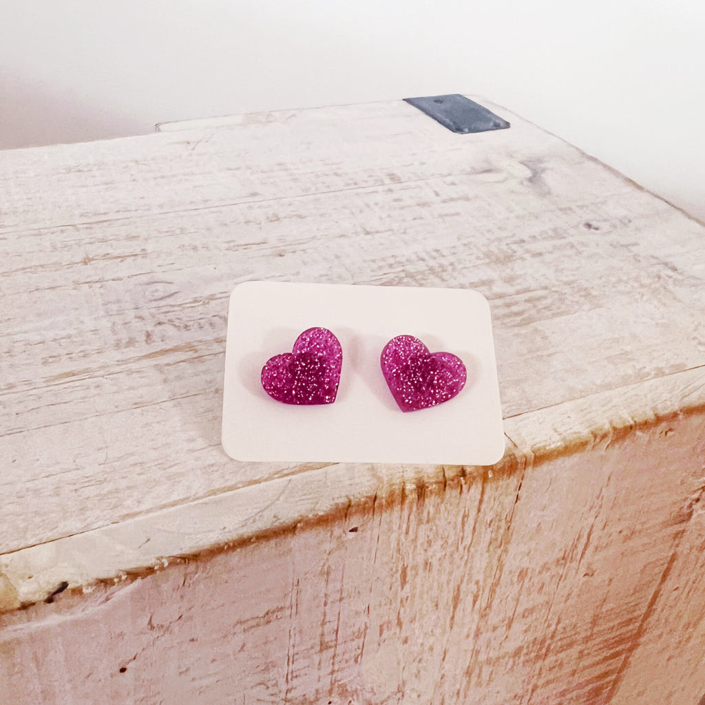 Glitter Resin Pink Heart Earrings