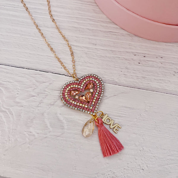 Rhinestone Tassel Heart Necklace