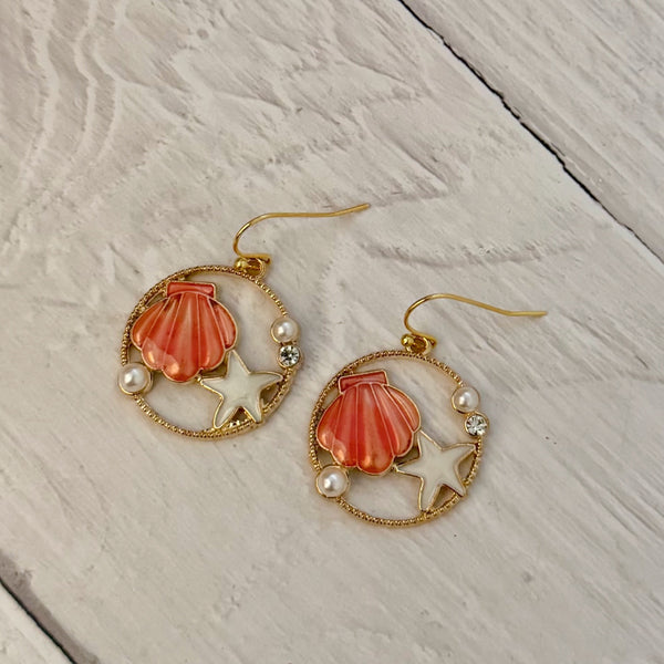 Coral Seashell Circle Earrings