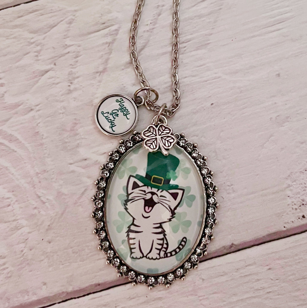 Happy Go Lucky Cat Oval Pendant Necklace