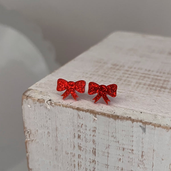 Glitter Resin Red Bow Earrings