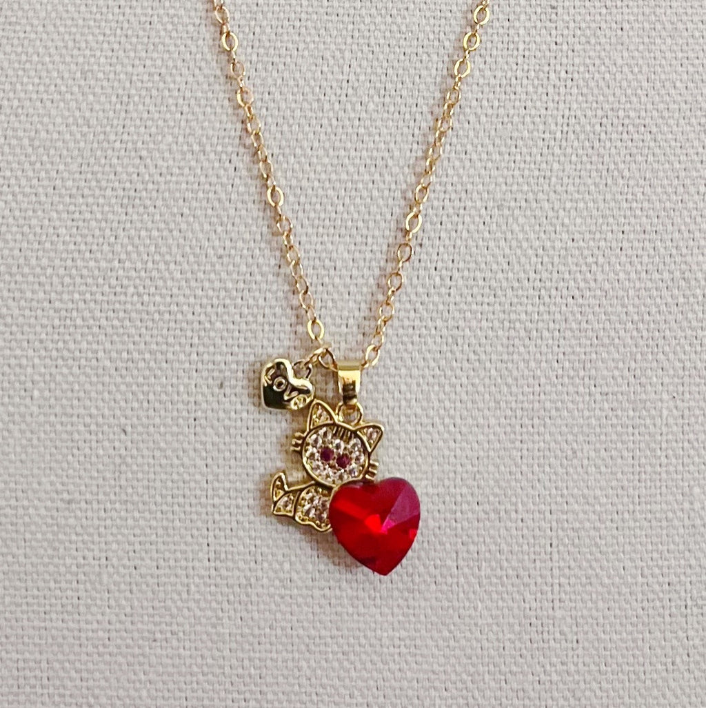 Red Crystal Heart Cat Necklace