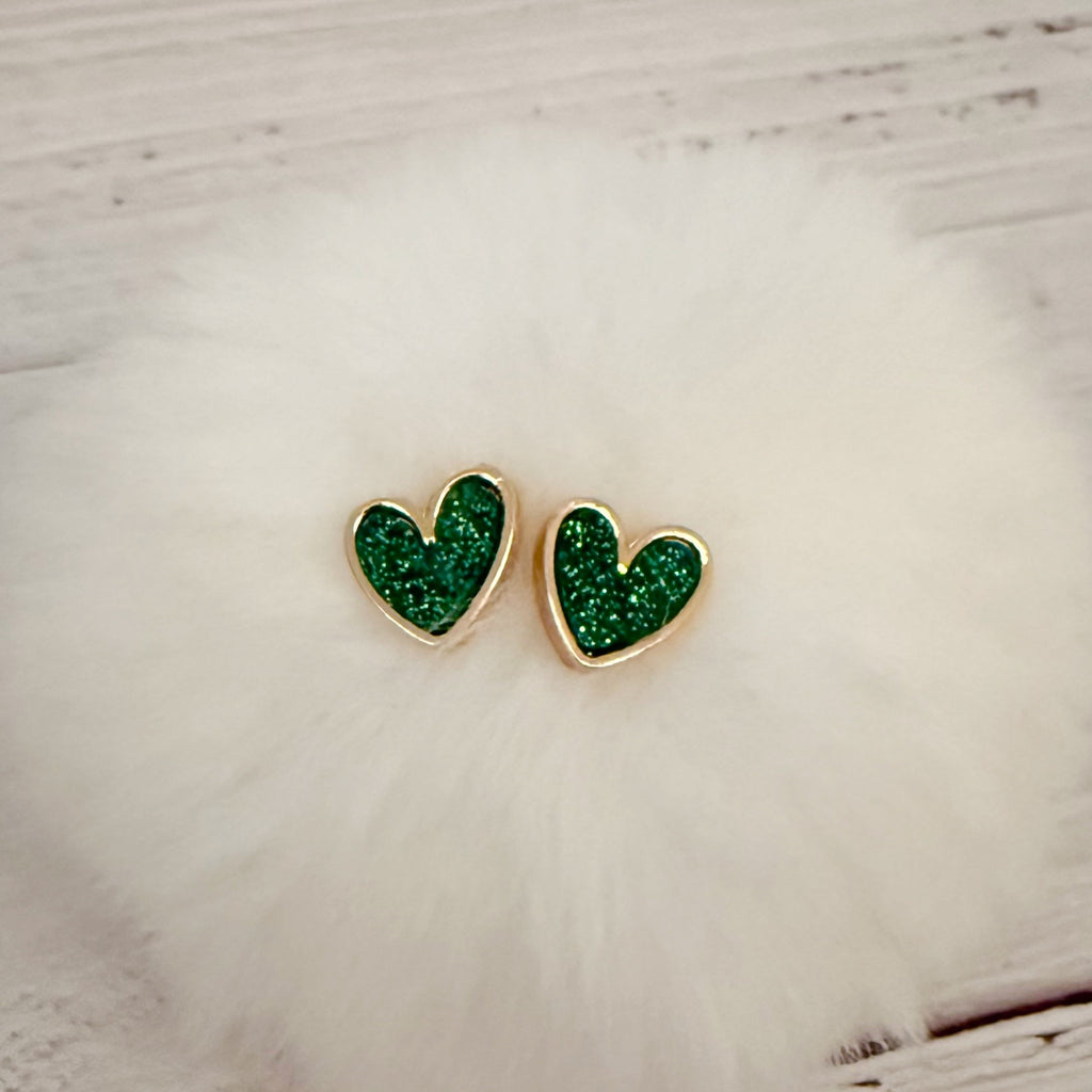 Green Glitter Heart Studs