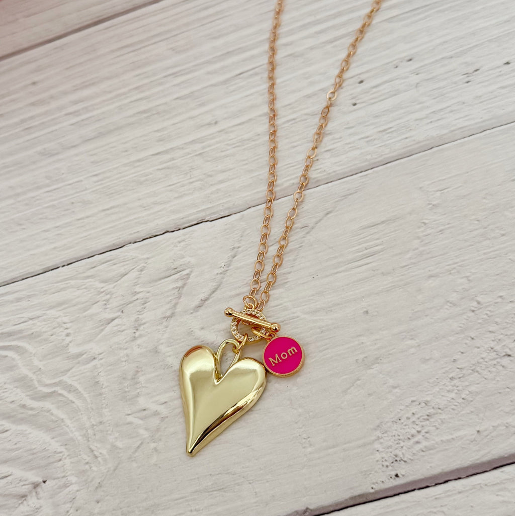 Puff Heart Necklace with Pink Mom Charm