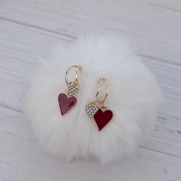 Double Heart Charm Hoops -Gold with Red and Crystals