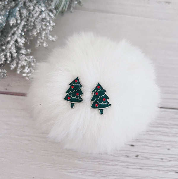 Red and Green Tree Stud Earrings