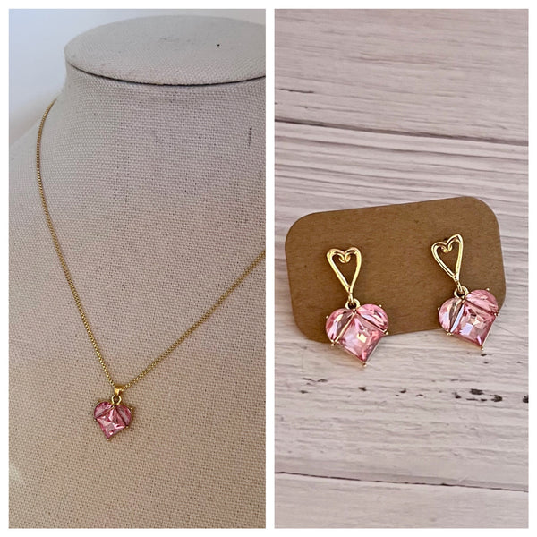 Pink Rhinestone Heart Set- Necklace and Earrings