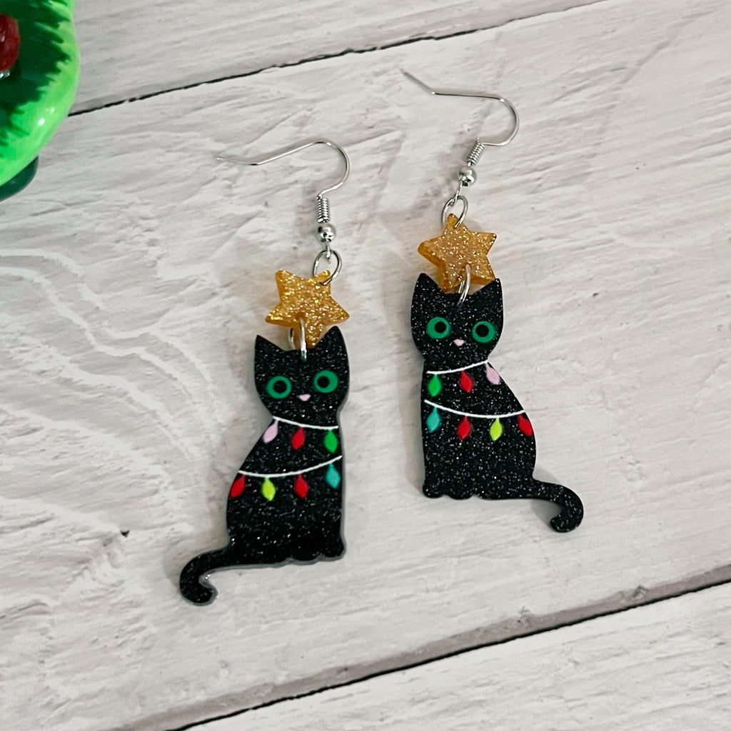 Christmas Cat Earrings- Black Glitter