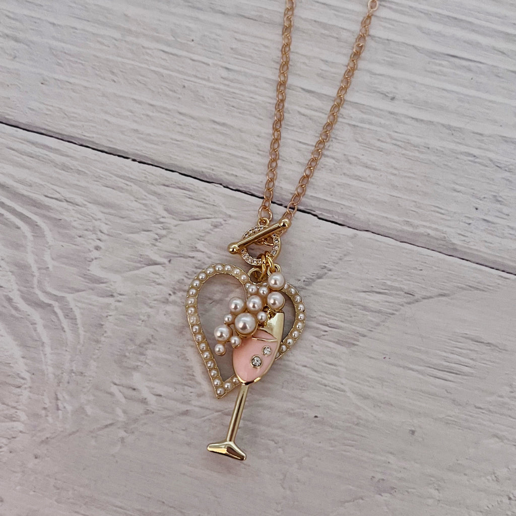 Pink Bubbly Pearl Heart Toggle Necklace