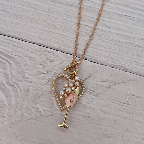 Pink Bubbly Pearl Heart Toggle Necklace