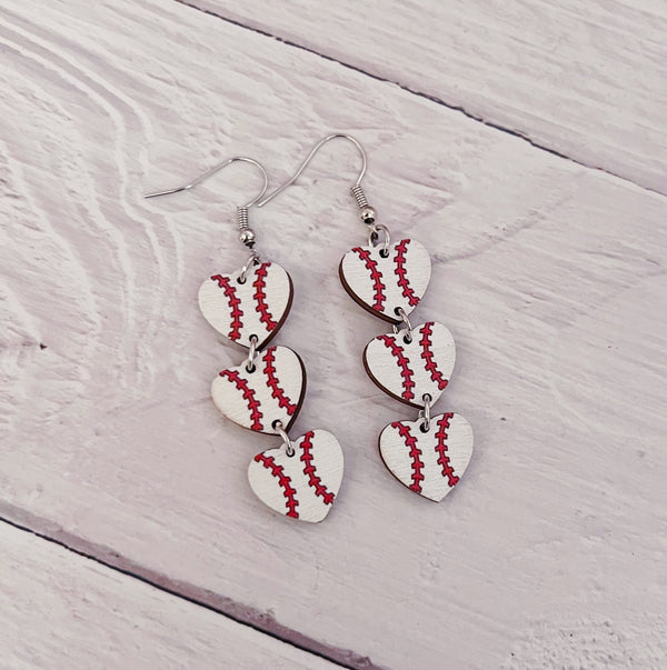 Wood Heart Baseball Earrings