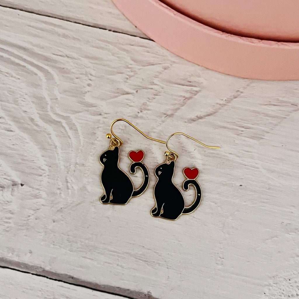 Black Heart Cat Enamel Earrings