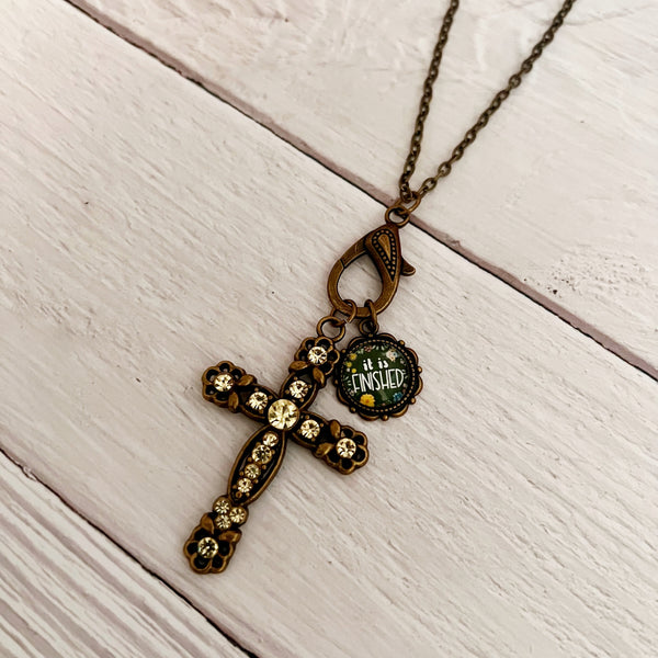 It is Finished Rhinestone Cross Necklace
