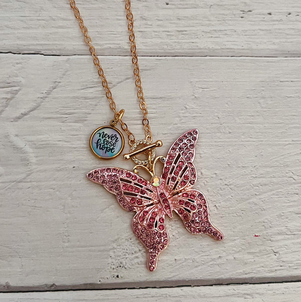 Rhinestone Butterfly Toggle Necklace Pink