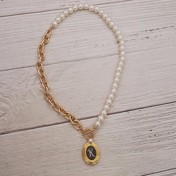 Initial Locket Pearl Toggle Necklace