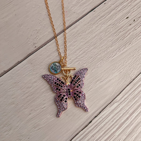 Rhinestone Butterfly Toggle Necklace Purple