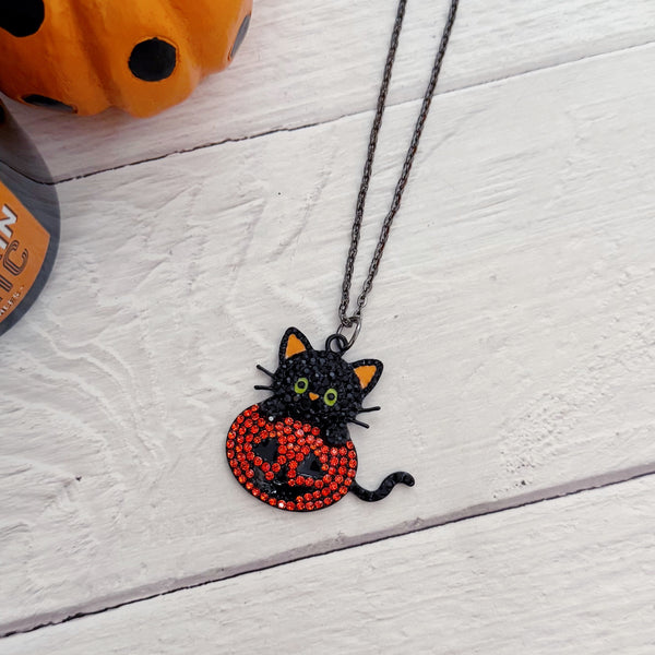 Rhinestone Black Cat with Pumpkin Necklace