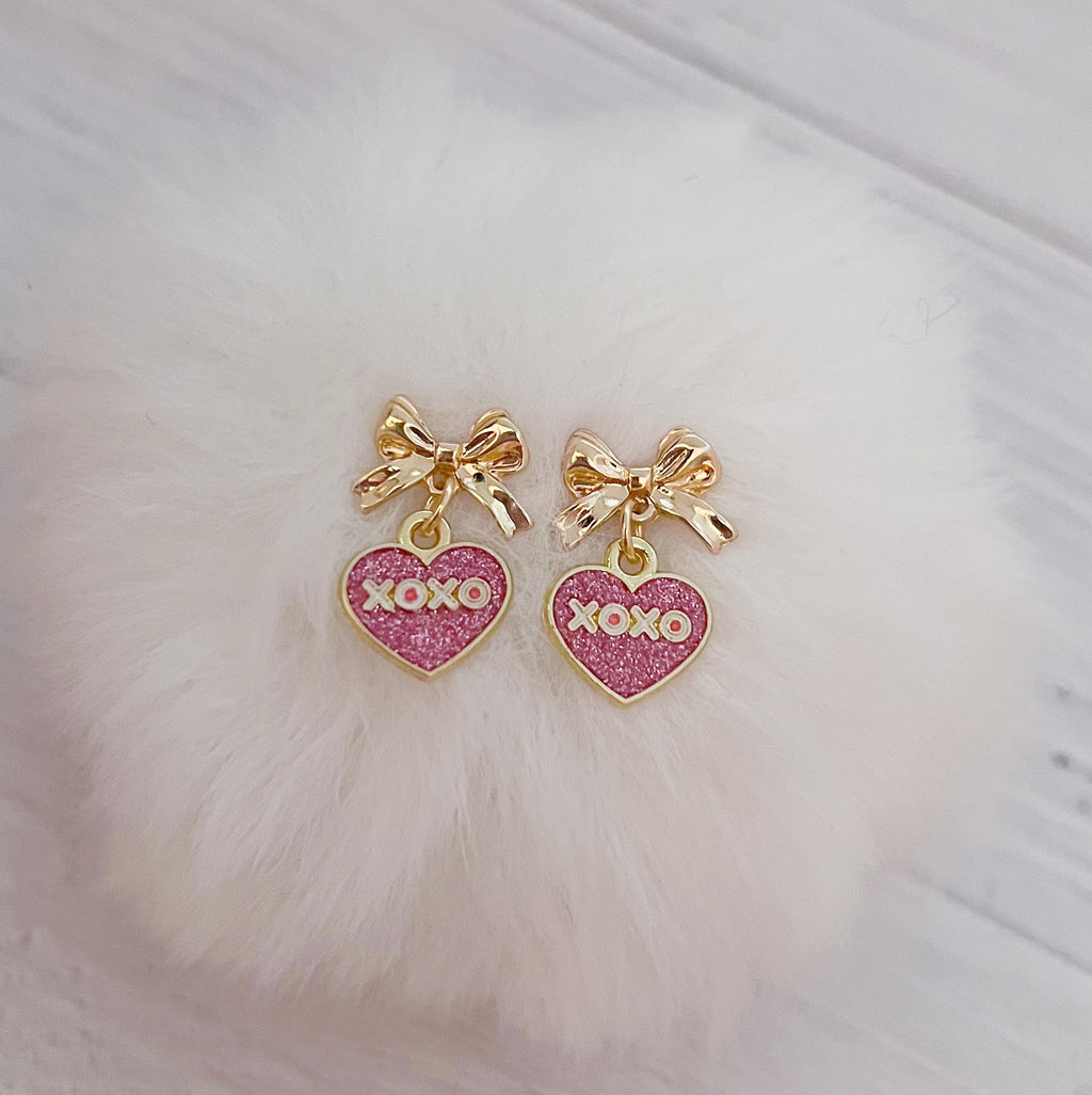 XOXO Glitter Heart Charm Bow Earrings