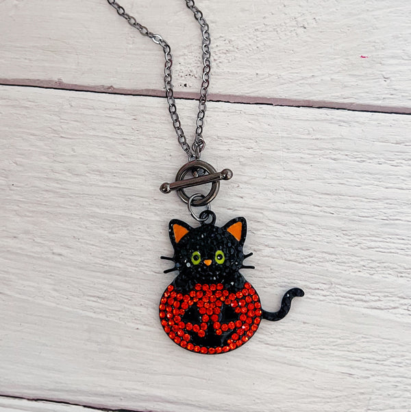 Rhinestone Black Cat Toggle Necklace