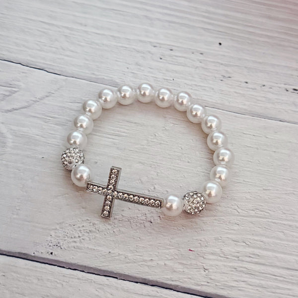 Pearl and Rhinestone Cross Stretch Bracelet