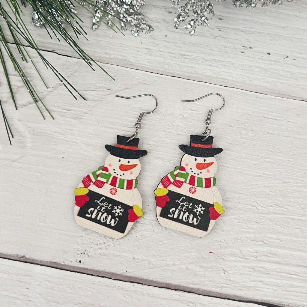 Wood Let it Snow Snowman Earrings