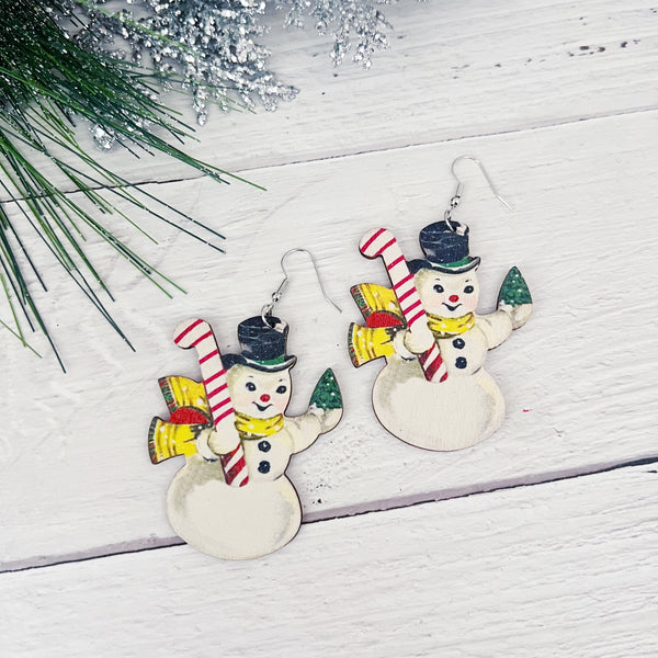 Wood Snowman Earrings