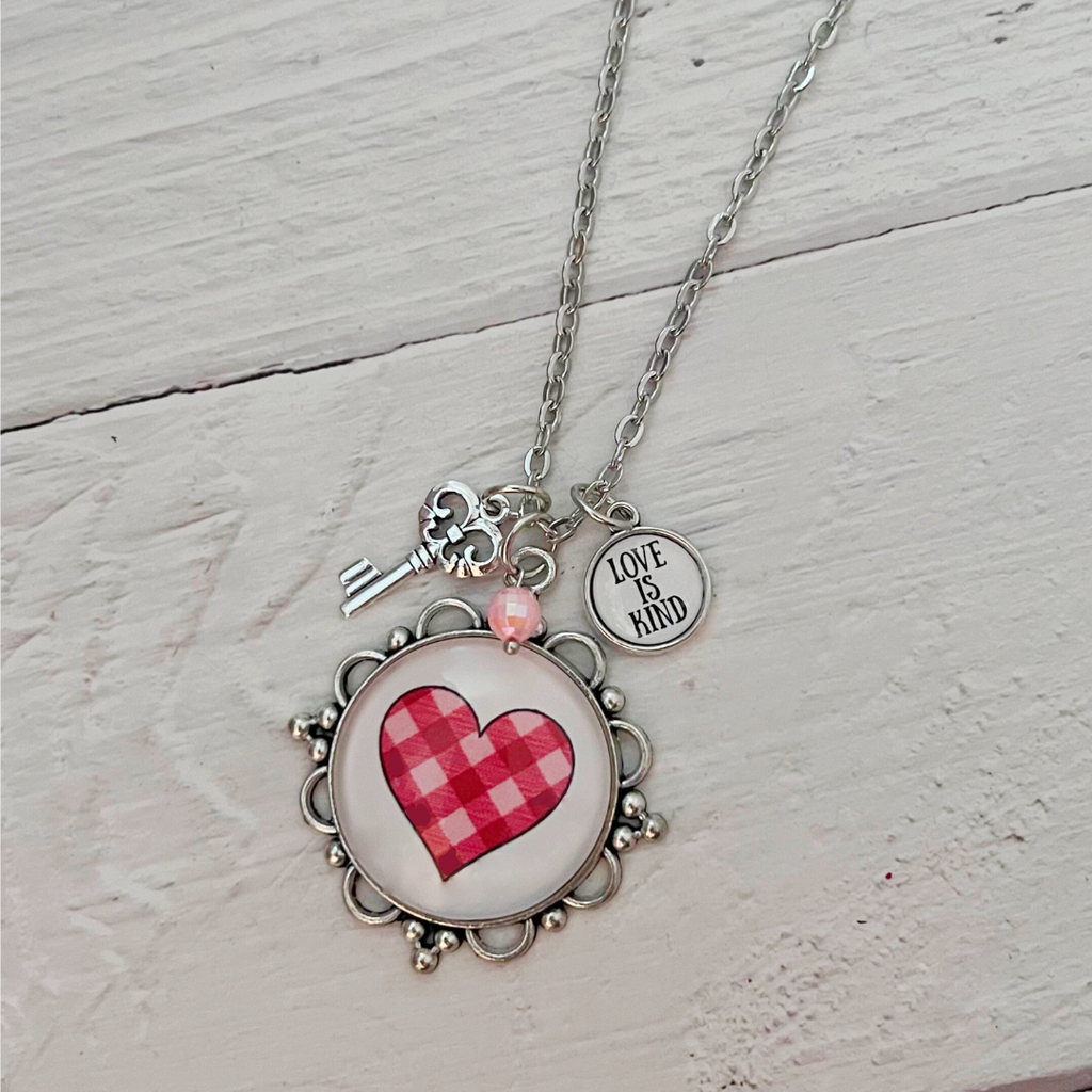 Plaid Heart Necklace Love is Kind Charm