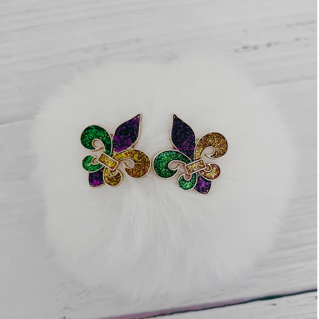 Mardi Gras Glittery Fleur De Lis Studs