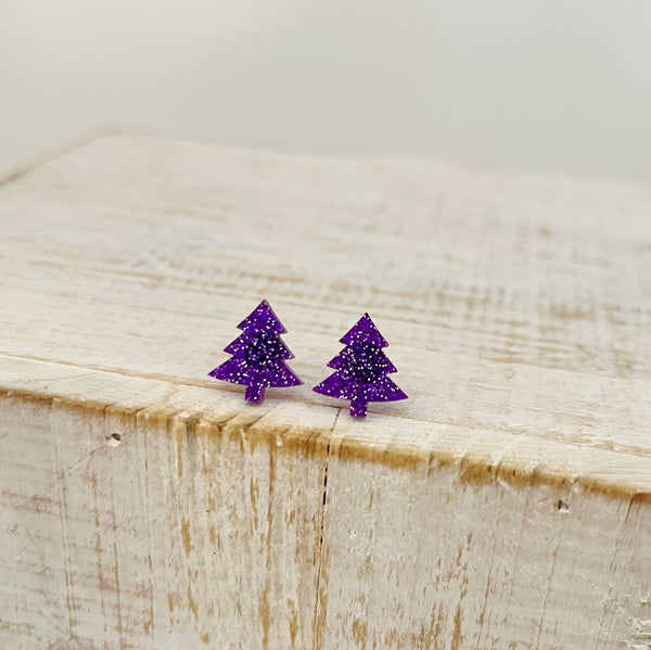 Glitter Tree Earrings- Purple