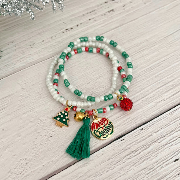 Merry Christmas Seed Bead Bracelet Set
