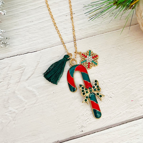 Rhinestone Candy Cane Necklace- Green and Red