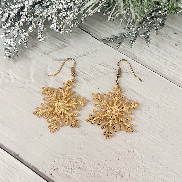 Gold Glitter Resin Dangle Snowflake Earrings