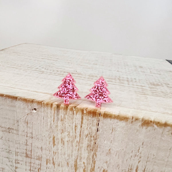 Glitter Tree Earrings- Light Pink