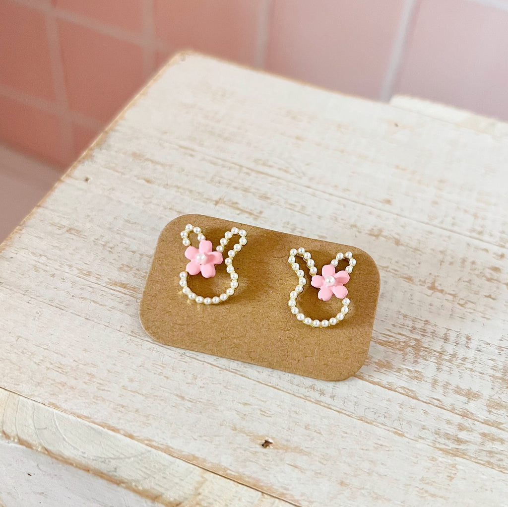 Pearl Bunny with Flower Bow Earrings